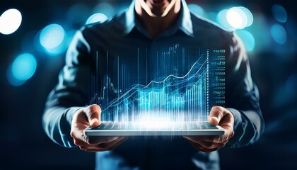 In this image, a person is using a laptop with overlaying digital financial graphs representing data analysis or stock market concepts on a dark, bokeh background.