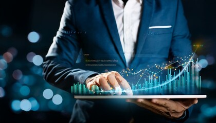 In this image, a person is using a laptop with overlaying digital financial graphs representing data analysis or stock market concepts on a dark, bokeh background.