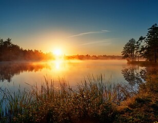 Fototapeta premium In the early morning mist, glowing sun and calm waters of the lake, a glorious sunrise is seen on a lake.