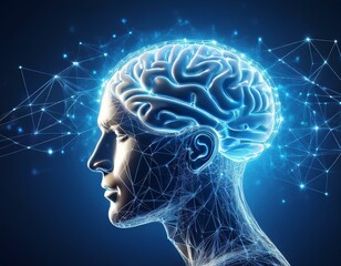 Including a dark blue background with glowing connections polygonal mesh and a blue gradient color scheme, stock image of a brain on a dark blue background
