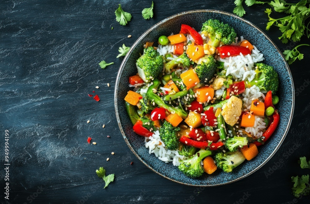 Sticker Delicious Vegetable and Rice Stir-Fry in a Blue Bowl