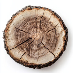 Cross section of tree trunk showing growth rings isolated on white background