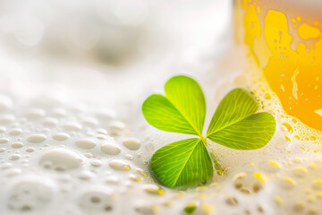 Green clover leaf on beer foam, st patricks day wallpapers, copyspace