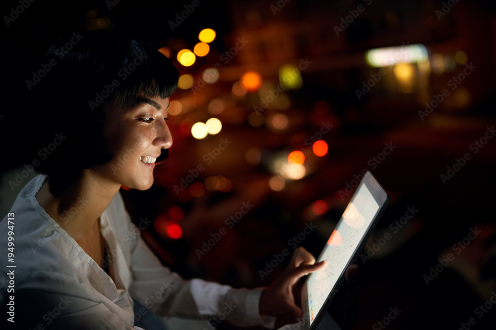 Poster tablet, night and happy business woman in city for creative illustration, art and deadline with scre