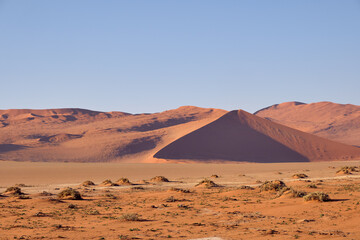 The evening light catches sand dunes in the Sossusvlei area, Namib-Naukluft National Park, Hardap Region, Namibia.