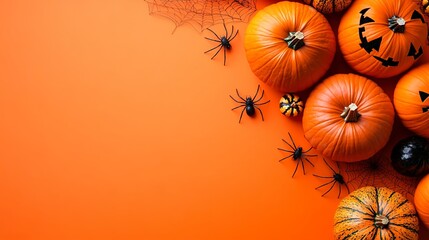 Happy halloween flat lay mockup with pumpkins, spiders and spiderweb on orange background. Autumn holiday concept composition. Top view with copy space.