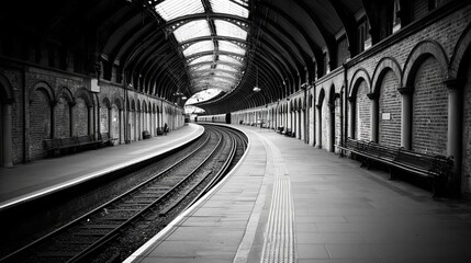 Obraz premium Elegant Vintage Railway Station: A Solitary Journey Through Time, Gray-Scale Elegance in Abandoned Tracks and Platforms Reflecting History and Nostalgia