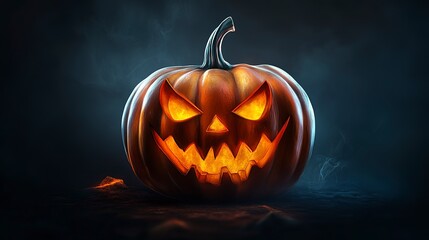 Naklejka premium Halloween pumpkin with scary face on dark background. 