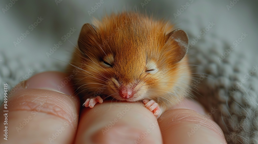 Sticker tiny mouse sleeping in a hand