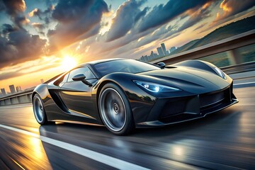 Naklejka premium Futuristic Black Sports Car Racing at High Speed