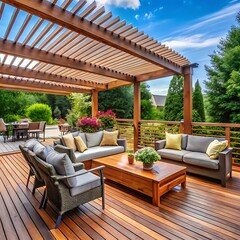 Fototapeta premium Rustic deck with patio furniture and vegetation