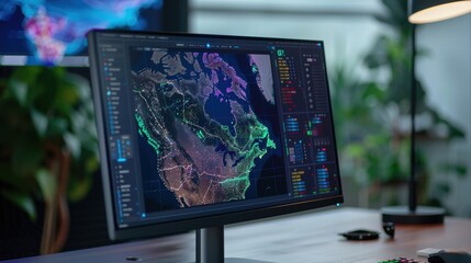 Large computer monitor is displaying a map of north america with data analytics overlayed on top