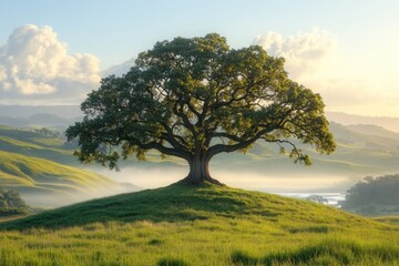 Fototapeta premium Solitary Tree in a Misty Valley