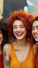 Fototapeta premium A diverse group of women with different hair textures and styles, laughing together in a casual outdoor setting, showcasing the beauty of hair diversity