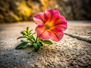 A delicate blooms' soft glow illuminates an uneven concrete expanse, wispy tendrils of Calibrachoa clinging to weathered cracks where mortar meets wear and tear.