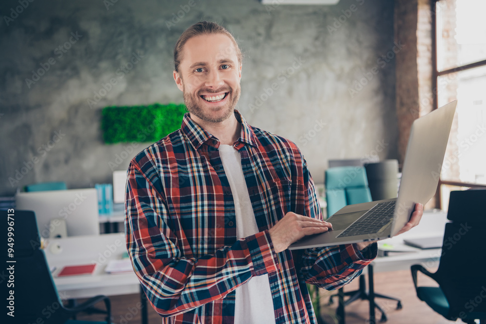 Sticker photo of young corporate man use laptop wear shirt loft interior modern office indoors