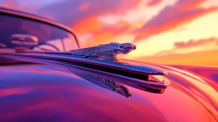 Obraz premium A close-up of a car’s hood ornament (non-branded) and front fenders, with the car’s paint reflecting a vibrant sunset.