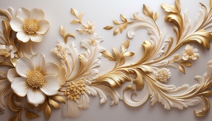 On a light wall, delicate floral stucco with golden accents is displayed