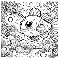Fototapeta premium Coloring page of a cartoon anglerfish swimming through an underwater world, surrounded by coral reefs and marine plants 