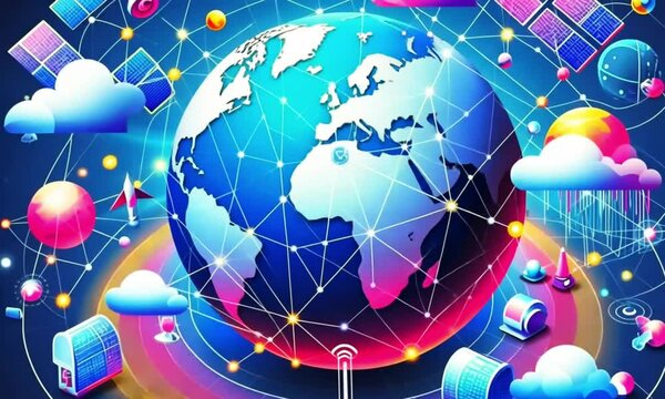 an animated globe with beautiful colors surrounded by various network icons