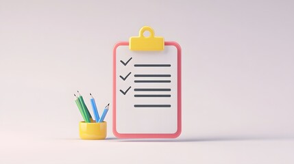 3d Clipboard, checklist symbol. Assignment target icon. Project task management and effective time planning tools. 3d rendering. Vector illustration, white background