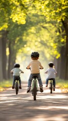 Obraz premium A family enjoying a bike ride through a scenic park, with children leading the way and parents following closely, promoting outdoor activity and family bonding