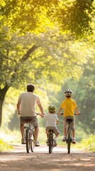 A family enjoying a bike ride through a scenic park, with children leading the way and parents following closely, promoting outdoor activity and family bonding