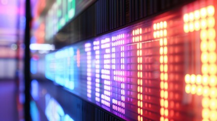 Fototapeta premium Modern led display panel showing colorful numbers with shallow depth of field