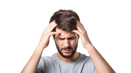 Naklejka premium Young man over isolated on transparent background suffering from headache desperate and stressed because pain and migraine. 