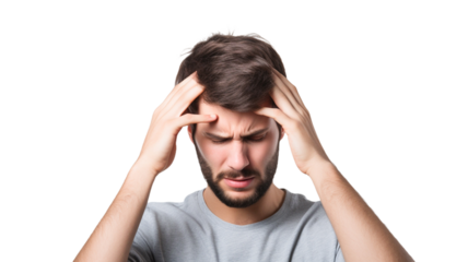 Young man over isolated on transparent background suffering from headache desperate and stressed because pain and migraine. 
