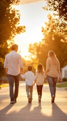 A family enjoying a peaceful evening walk in a quiet neighborhood, with the parents holding hands and children playing nearby, capturing the simplicity of daily connection