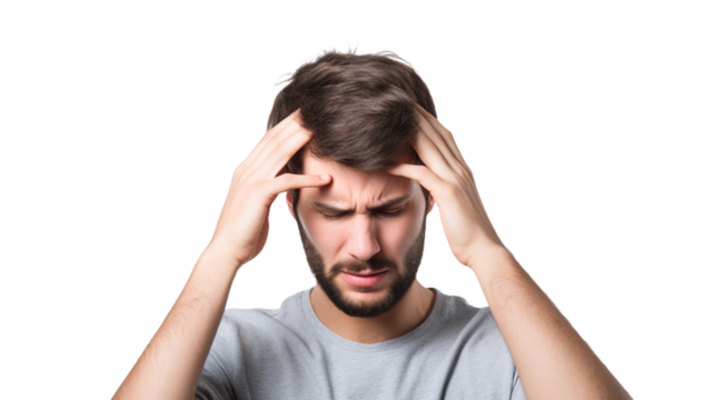 Young man over isolated on transparent background suffering from headache desperate and stressed because pain and migraine. 
