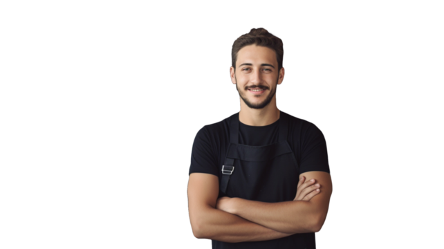 Man barista in black t-shirt and apron on transparent background PNG.
 - Powered by Adobe