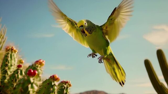 A vibrant green budgerigar in flight, surrounded by prickly pear cacti under a clear blue sky.