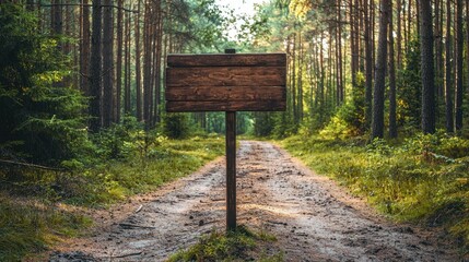 An old wooden sign with blank space points towards a path through a green forest