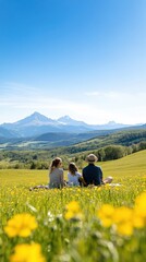 Fototapeta premium A family enjoying a picnic in a meadow filled with wildflowers, under a clear blue sky with mountains in the distance, capturing the joy of outdoor bonding