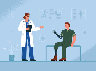 A military disabled man with prosthetics is at a doctor's appointment. The concept of medical recovery of soldiers injured in the war.