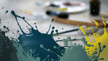 Creative paint splatter on canvas with brushes and palette in background. abstract art style. creative expression concept. suitable for art workshops and studios. for design, print, poster, banner