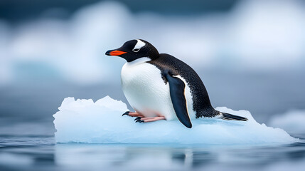 Naklejka premium Majestic Penguin Swimming on Floating Iceberg in Icy Arctic Ocean Landscape