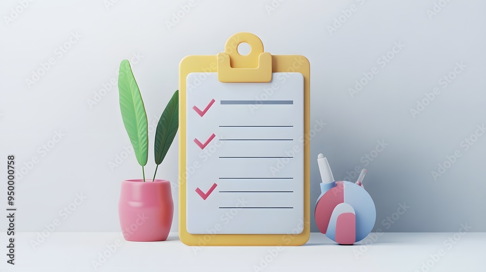 Wall mural 3d clipboard, checklist symbol. assignment target icon. project task management and effective time p