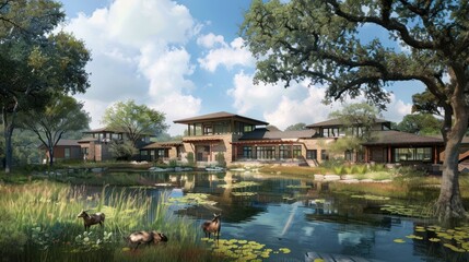 Obraz premium Modern architecture house with lake and deer.