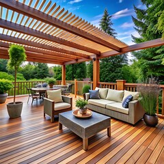 Rustic deck with patio furniture and vegetation