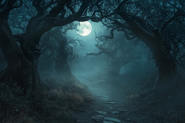 A creepy foggy forest path illuminated by faint moonlight, with twisted, gnarled trees and ominous shadows creating a foreboding atmosphere.