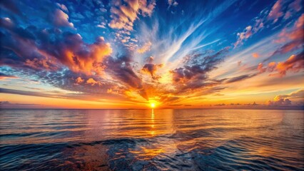 Fototapeta premium Panoramic view of a stunning sunset over the horizon, nature, sky, clouds, colorful, vibrant, dusk, evening, landscape