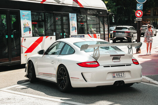 Monaco - August 9, 2024: White Porsche 997 GT3 RS 4.0 supercar in Monaco.