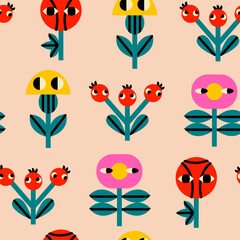 Various abstract Flowers with eyes. Set of quirky unique design elements. Hand drawn trendy Vector illustration. Square seamless Pattern, background, wallpaper