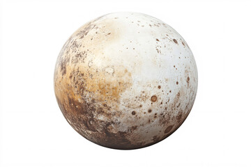 Pluto's surface with visible craters and textures against a plain white background highlighting the dwarf planet's features