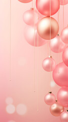 Pink Christmas ornaments hanging against pink background