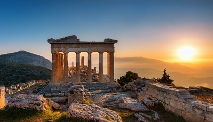 Fototapeta premium Sunrise on ancient Greek temple ruins on top of a mountain