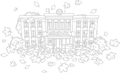 Pretty school among flying and falling autumn leaves, black and white outline vector cartoon illustration for a coloring book